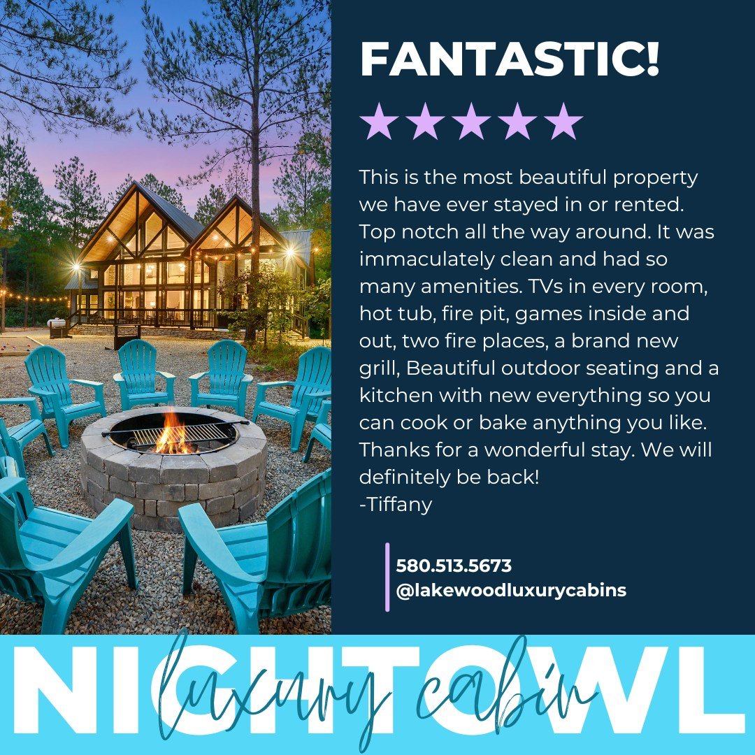 🌙 Night Owl Luxury Cabin 🦉
Come experience how FANTASTIC this cabin is for yourself! ✨
🌙 3 bedrooms, sleeps 10, pet friendly 🐾

https://www.lakewoodluxurycabins.com/night-owl
📞 580-513-5673

#NightOwl #2024era #BookNow #2024Vibes #travelmore #tr
