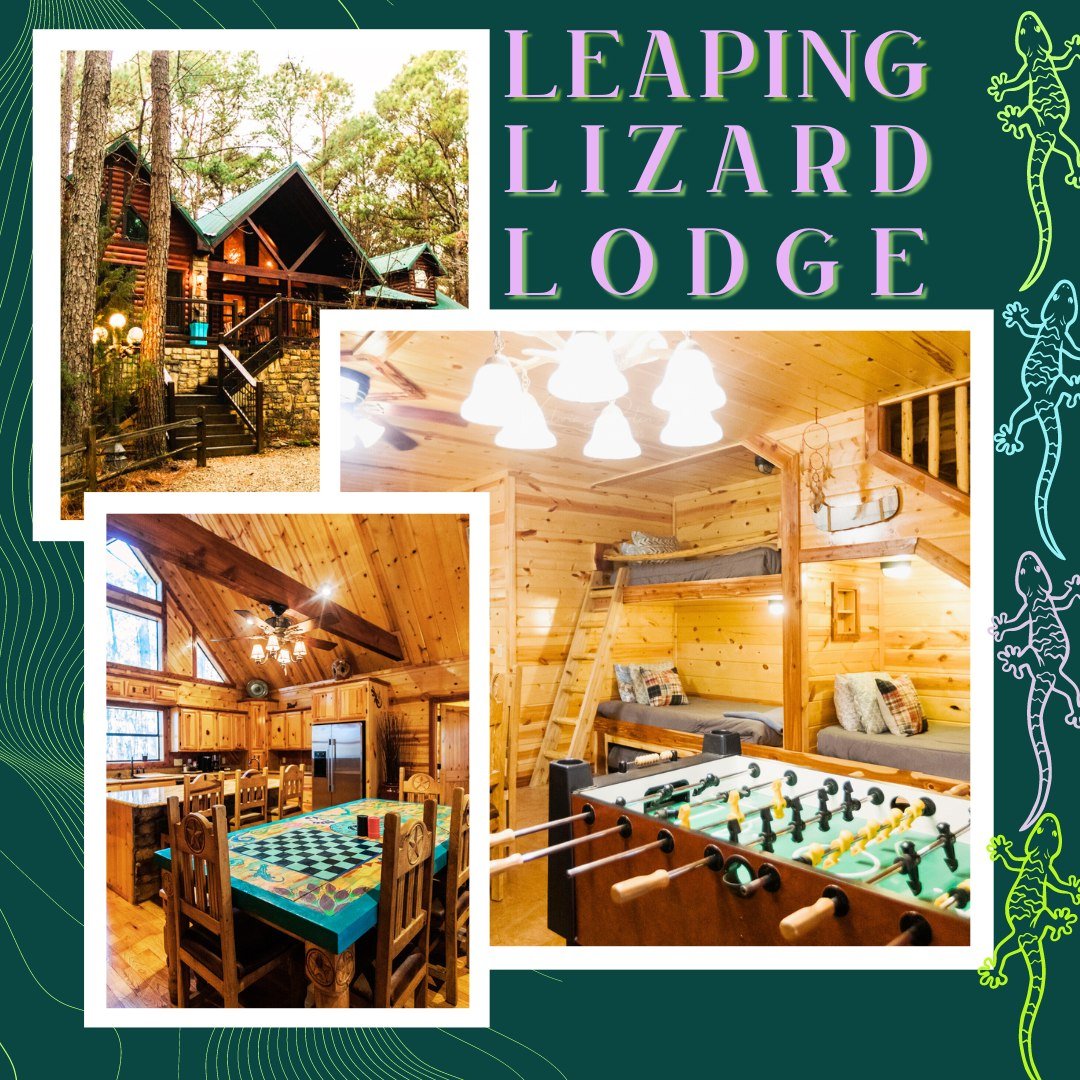 🦎 Jump into an adventure at Leaping Lizard Lodge! 🌲✨
🦎 Get ready for a wild escape in this playful cabin nestled in nature's embrace. 
4 bedrooms +bunk room, game room, sleeps 15, pet friendly 🐾

✨ Book your stay now and LEAP into luxury! 🏡💫 
h