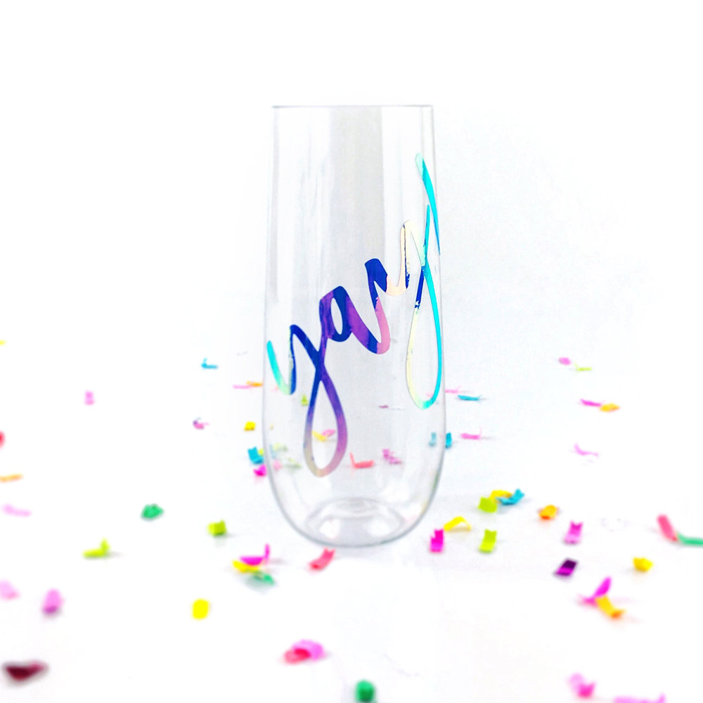 Yay Glass Stemless Champagne Flutes - Iridescent Foil — White Confetti Box