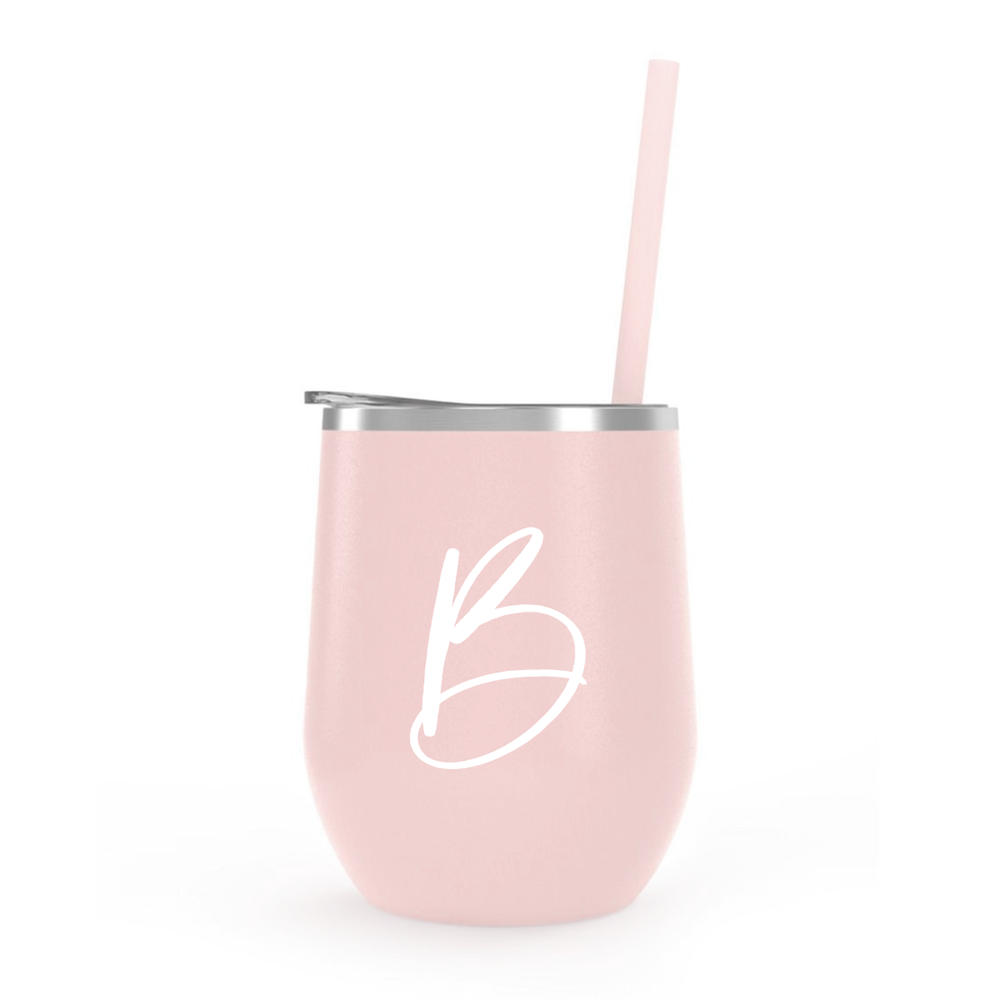 Personalized Wine Tumblers with lid and straw in glitter blush