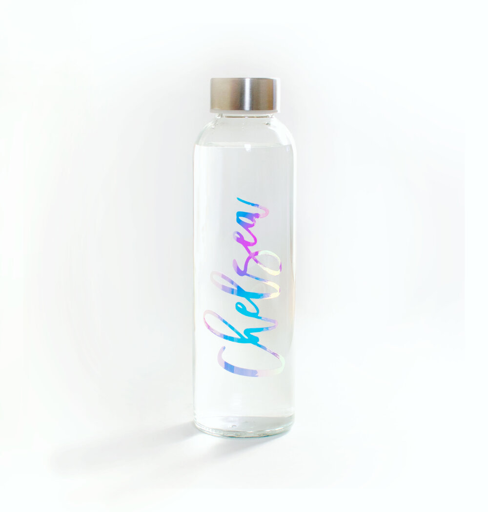 Clear Glass Water Bottle — White Confetti Box