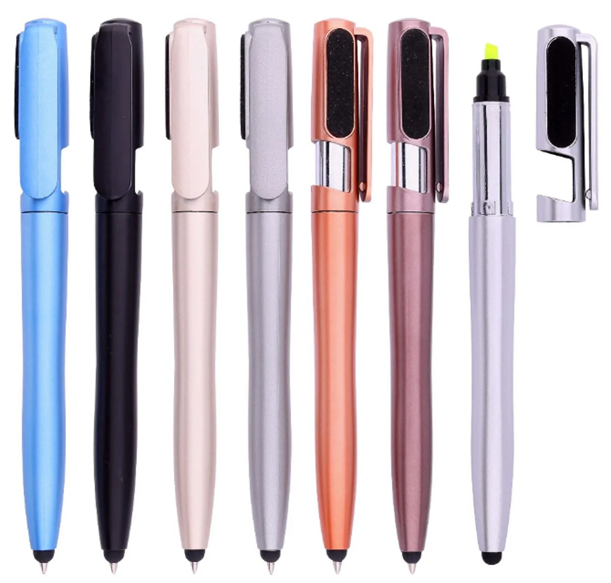 Five different functions- a pen, highlighter, phone stand, screen cleaner, and stylus