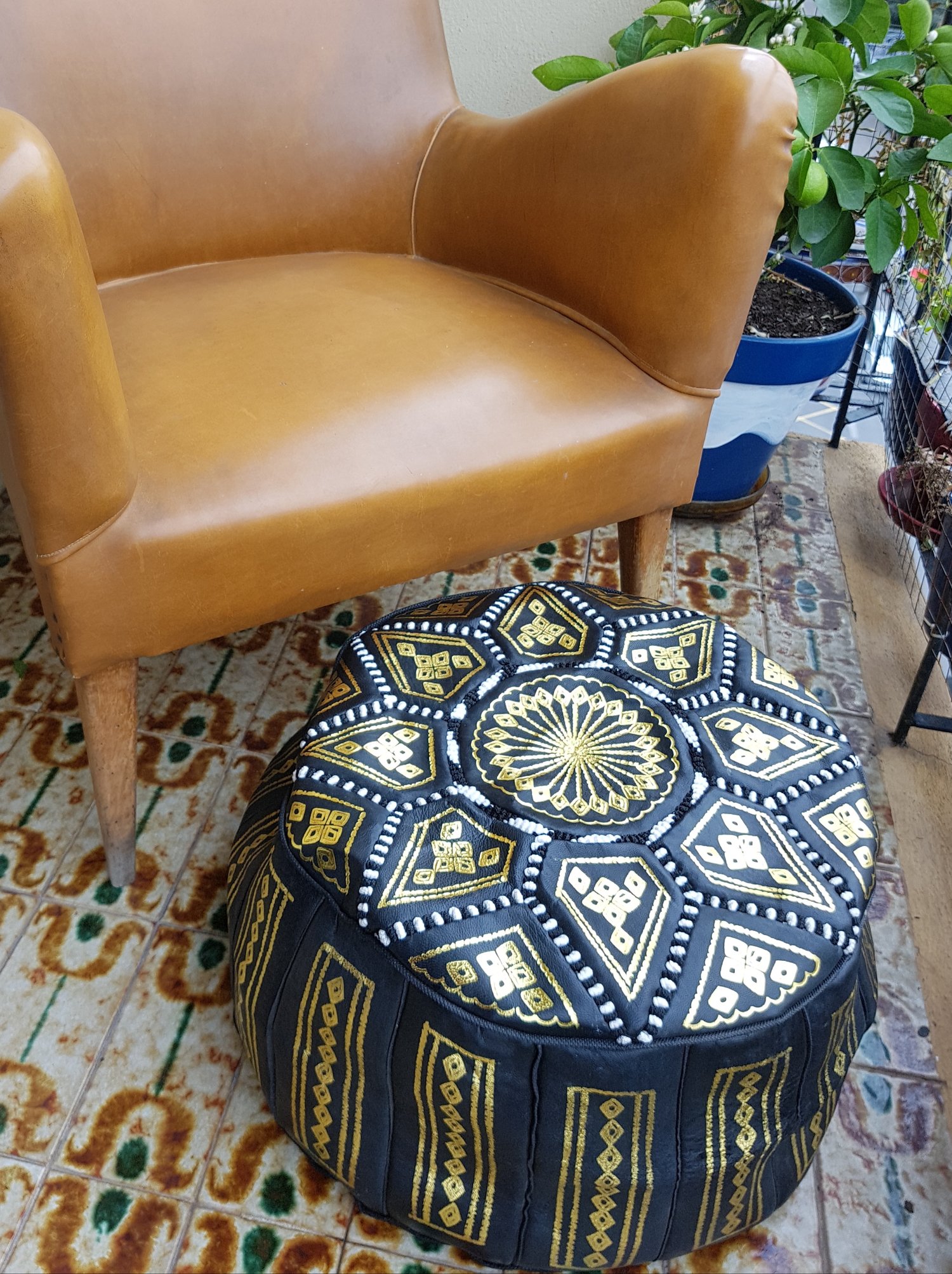 Moroccan Leather Pouf In Black White, Gold Leather Pouf