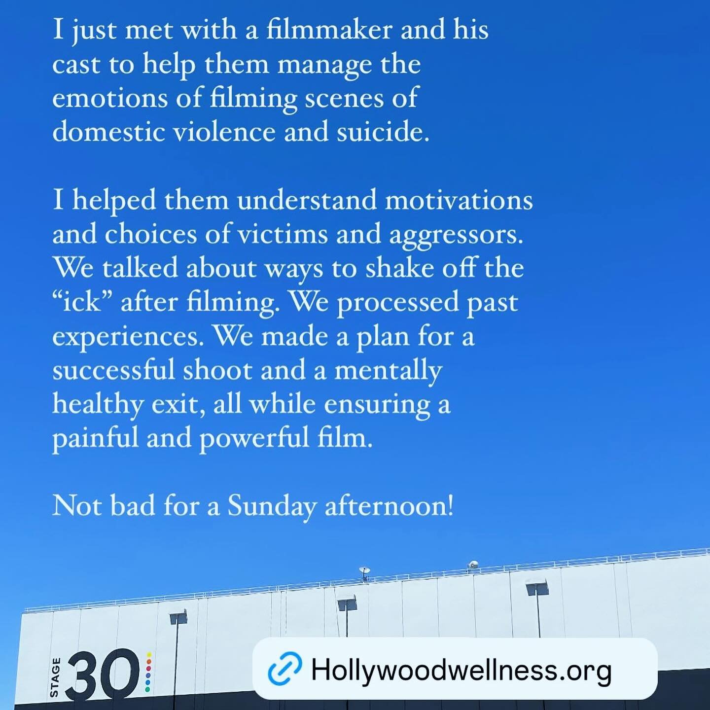 I just met with a #filmmaker and his #cast to help them manage the emotions of #filming scenes of domestic violence and suicide.

I helped them understand motivations and choices of victims and aggressors.
We talked about ways to shake off the
&ldquo