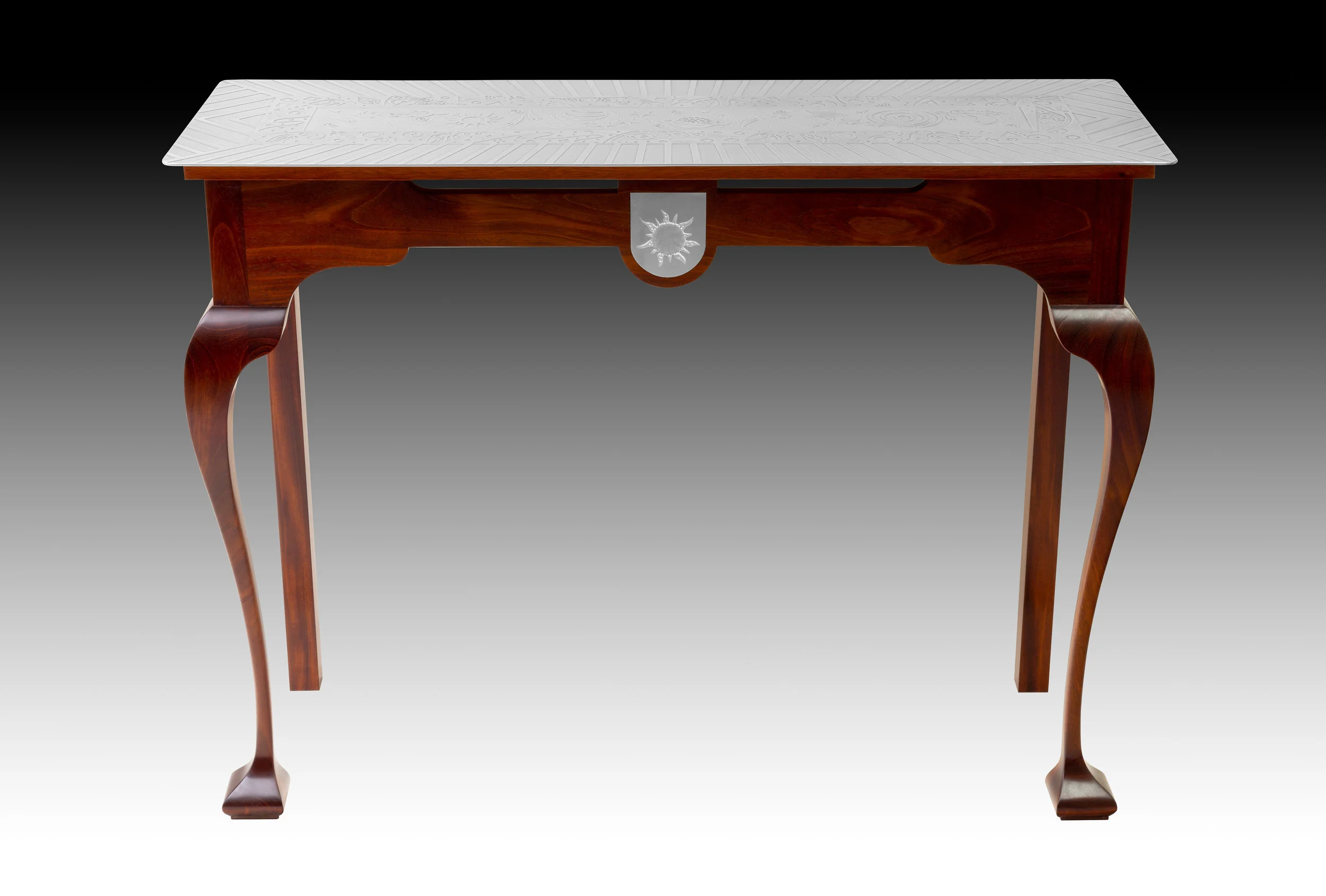 Mahogany Table with Acid Etched Metal Top and Medallion 