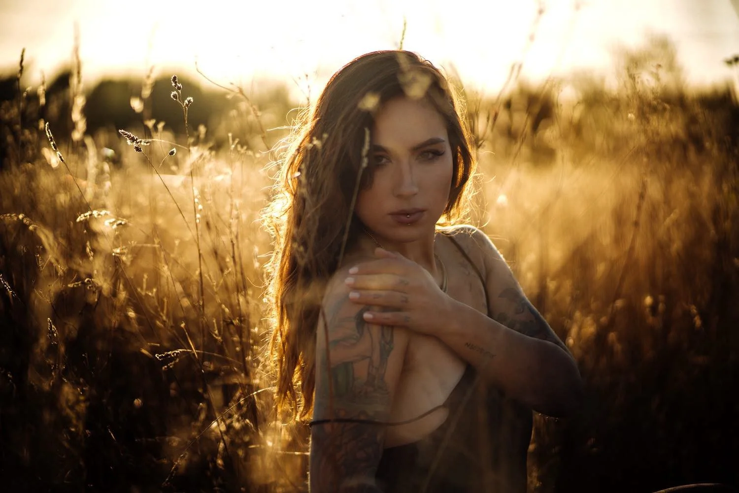 Portrait einer Frau mit braunen Haaren bei Sonnenuntergang in in einem feld in darmstadt – von pixelfeder