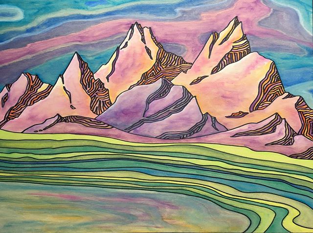 More art from this past weekend. Imaginary mountains in Sharpie and watercolor on wood panel. Had so much fun following the wood grain lines for the sky and foreground.