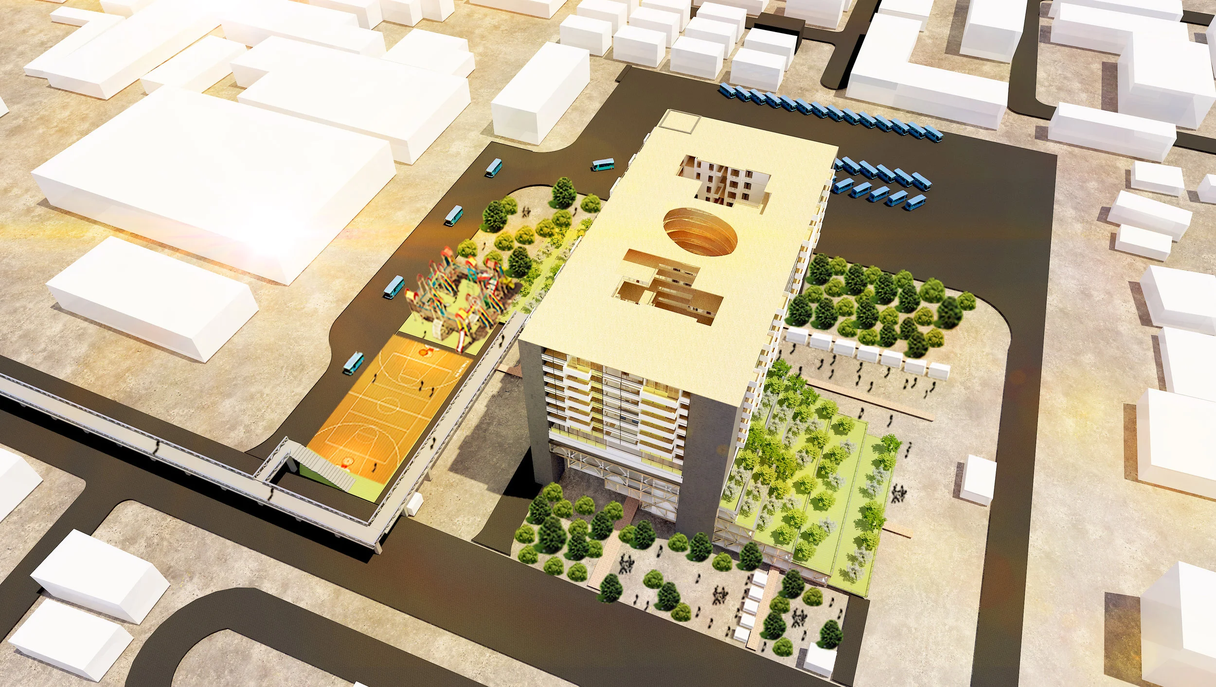 Aerial view, showing the adjacent bus depot, and it's connection to the towers.