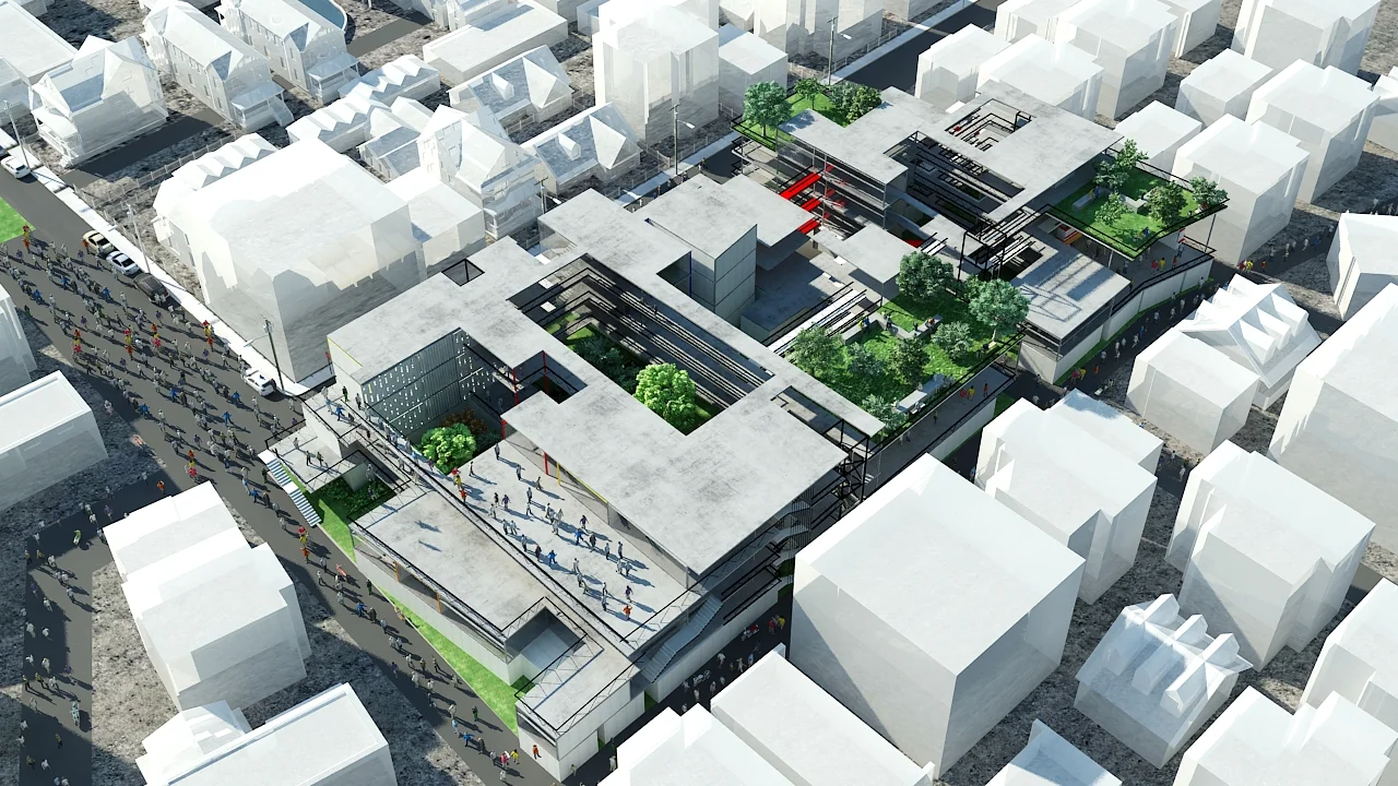 Aerial view showing the activation of the top floors, as well as puncturing of the solid masses via courtyard spaces.