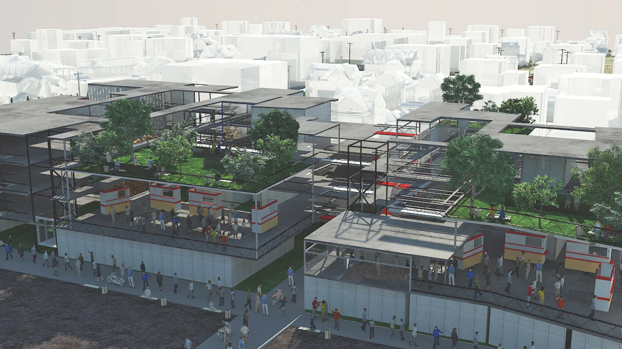 Shows the juxtaposition of the previous first floor with the newly constructed second and third floors.