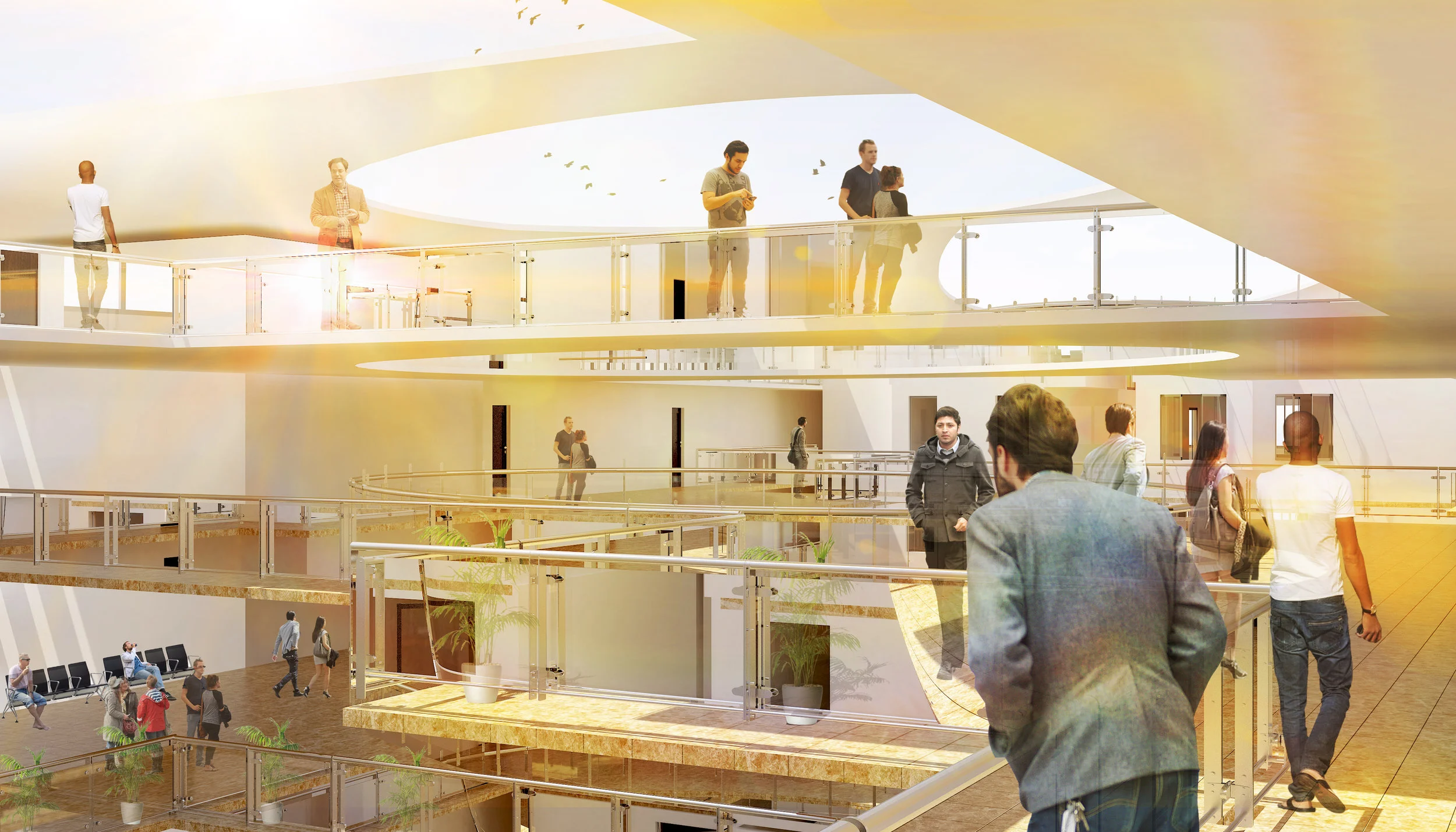 Interior render of the atrium, showing how all the floors are staggered, and look into the central atrium where transgenders could perform, thereby visually integrating them into the public.