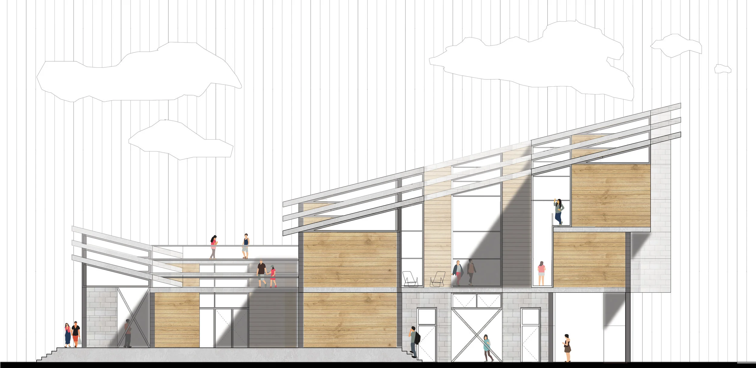 East Elevation showing materiality-softer materials such as wood for the more private areas, while harder materials such as concrete blocks and panels are used for the fabrication and maker spaces.