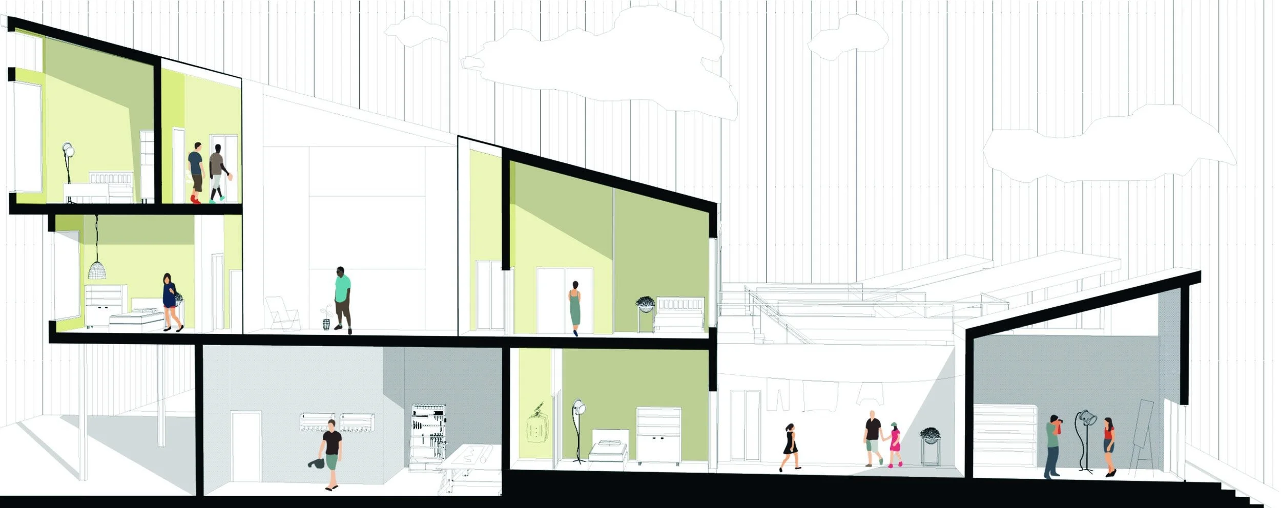 Perspective section of building, showing the juxtaposition of Maker+Commercial spaces, Courtyards, and Residential spaces.