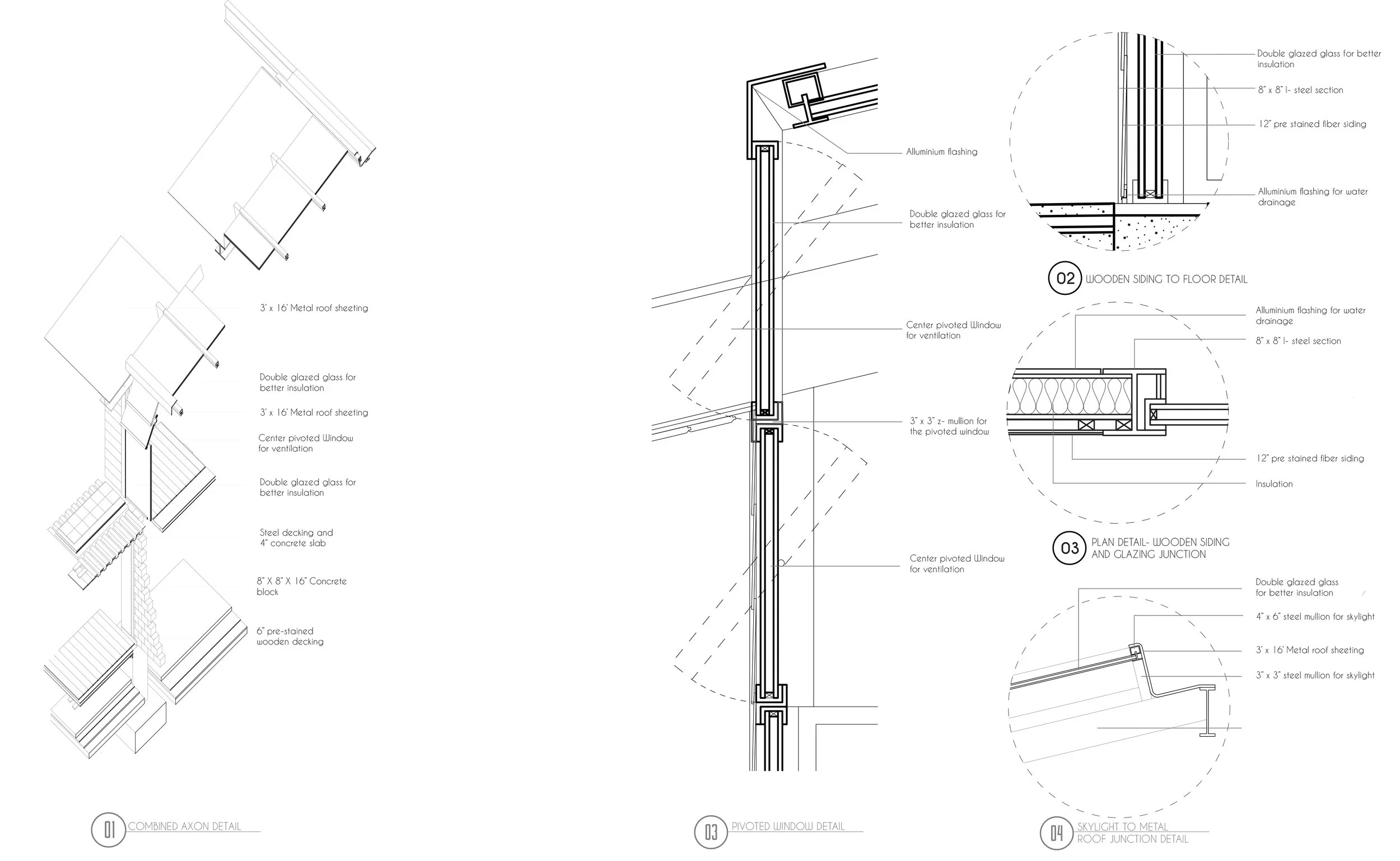 Detail of the Wall Section, Glazing Detail, and Roof Junction Detail.
