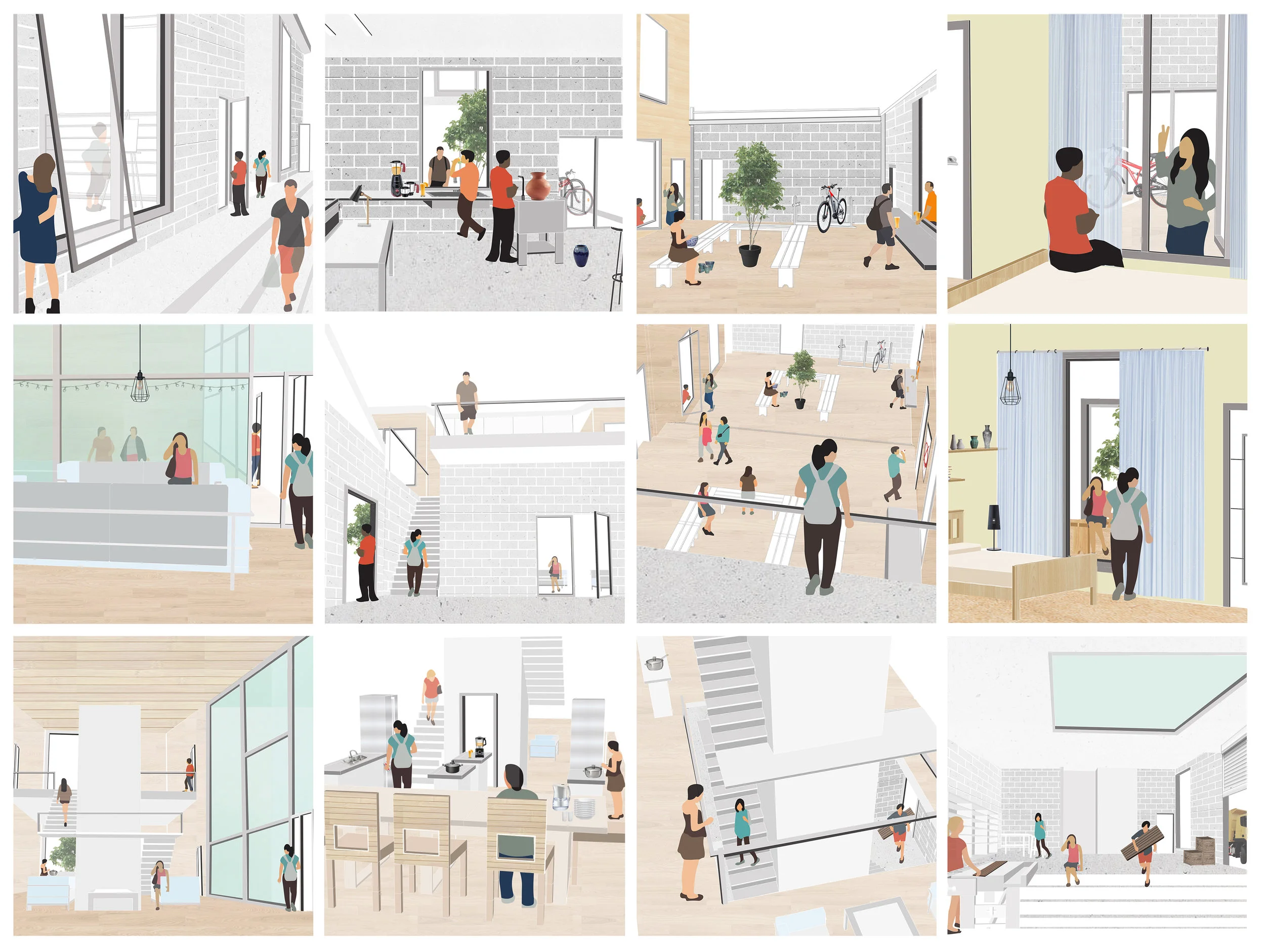 Sequential vignettes showing movement of two characters, as they navigate from the maker spaces to their residential, more private spaces.