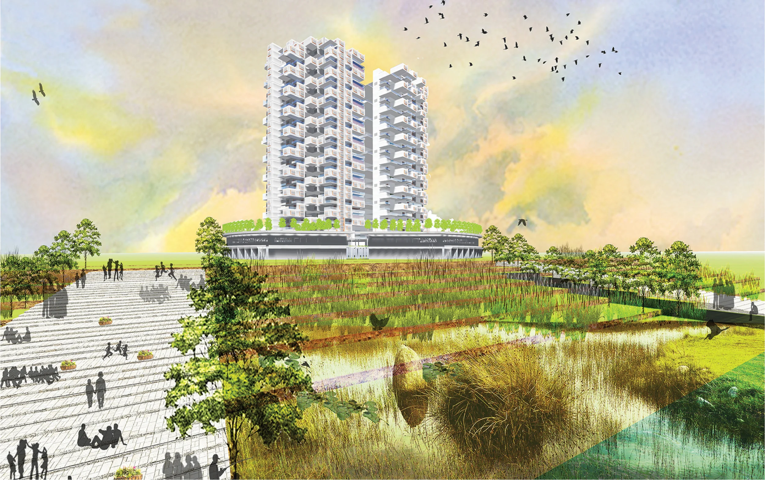 View showing how the marshlands have been activated due to reclamation of land, and allows residents to participate in its regrowth and reprogramming through a sustainable way of living.