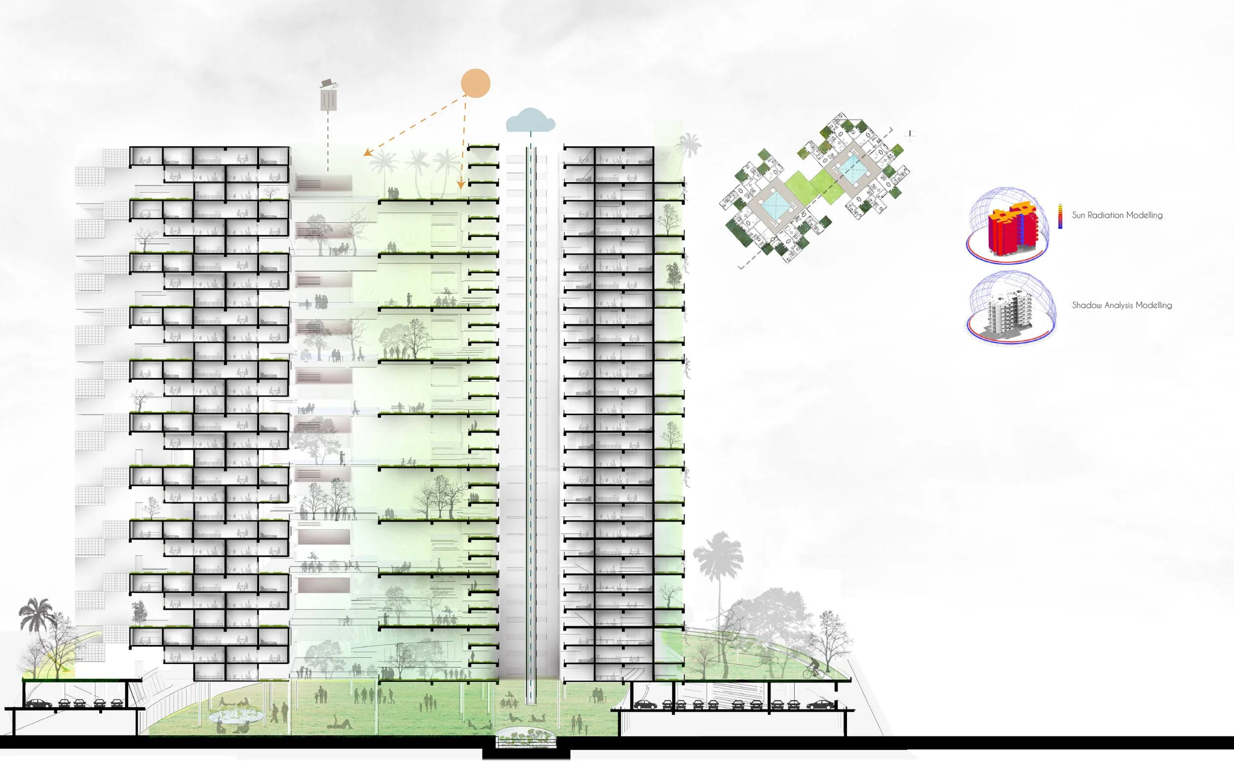 In this project green techniques have been applied to reclaim the marsh and provide an alternate solution for encroachment by building vertically, as represented in this building section.