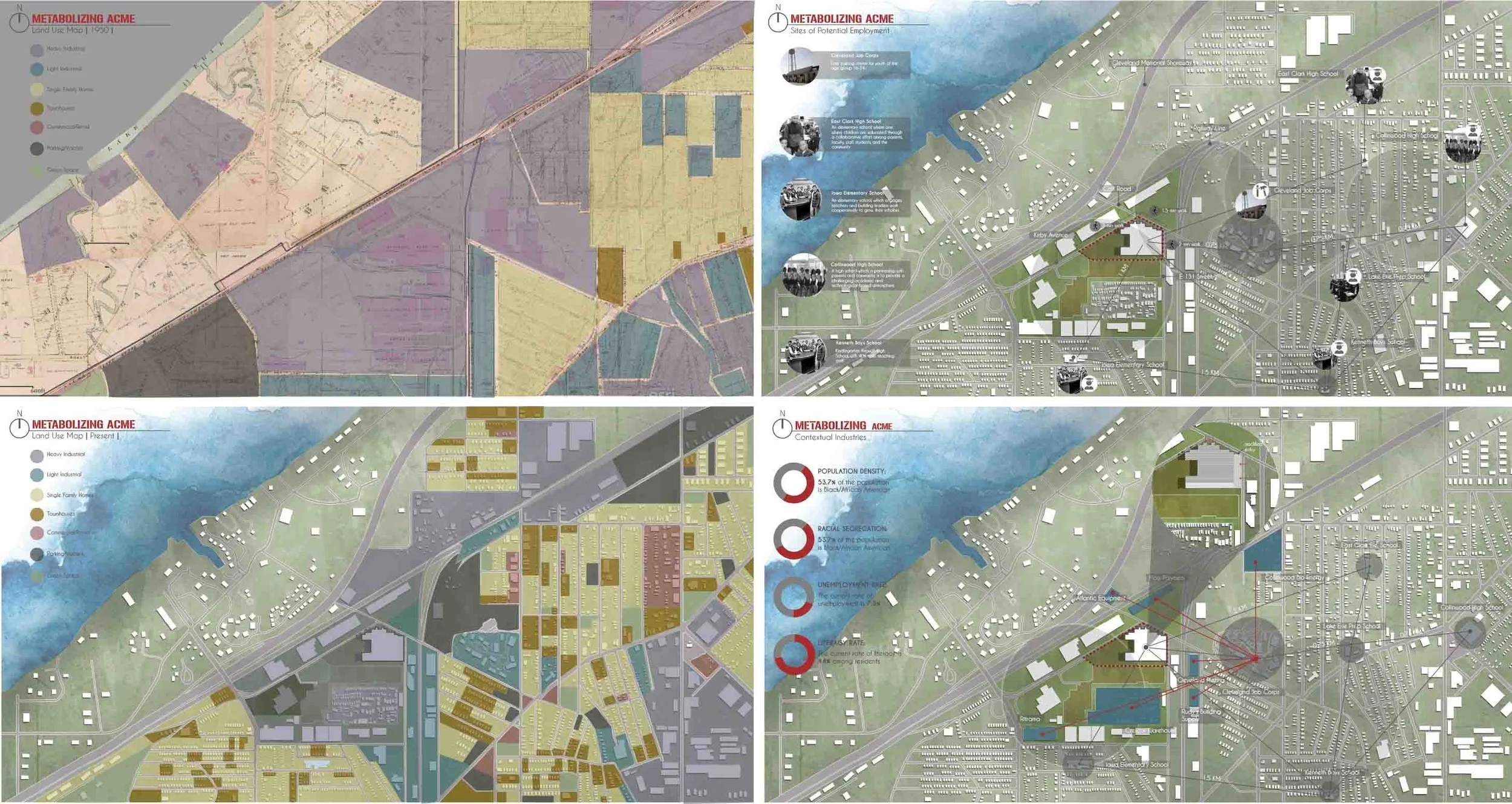 Comparative land use maps showing decreasing industrial area around the Acme Co, and subsequent decline of the surrounding neighborhood.