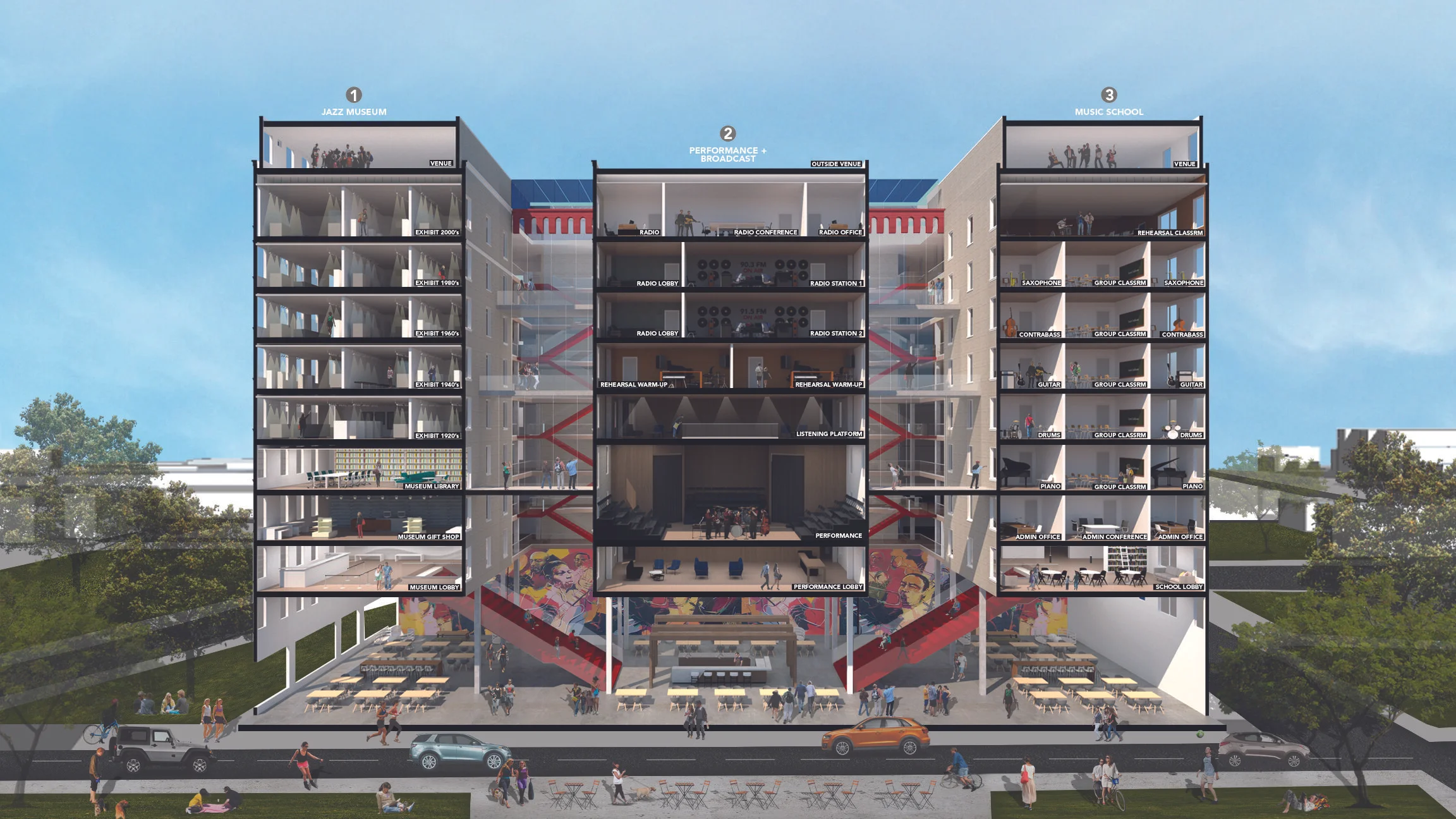 Rendered Section Perspective showing Reprogramming and intersection of spaces