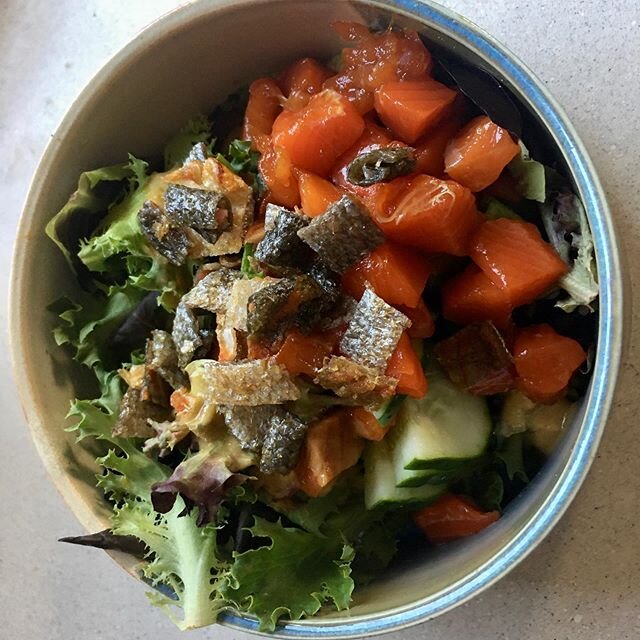Poke 2 Ways. Sockeye Salmon Poke Bowl with Crispy Salmon Skin. Poke Taco with Salmon Skin. Thanks to @eataksalmon (my husband) for sending such good Salmon you can cut it up and eat it. Message for detail on how to get your box of salmon!! @eataksalm