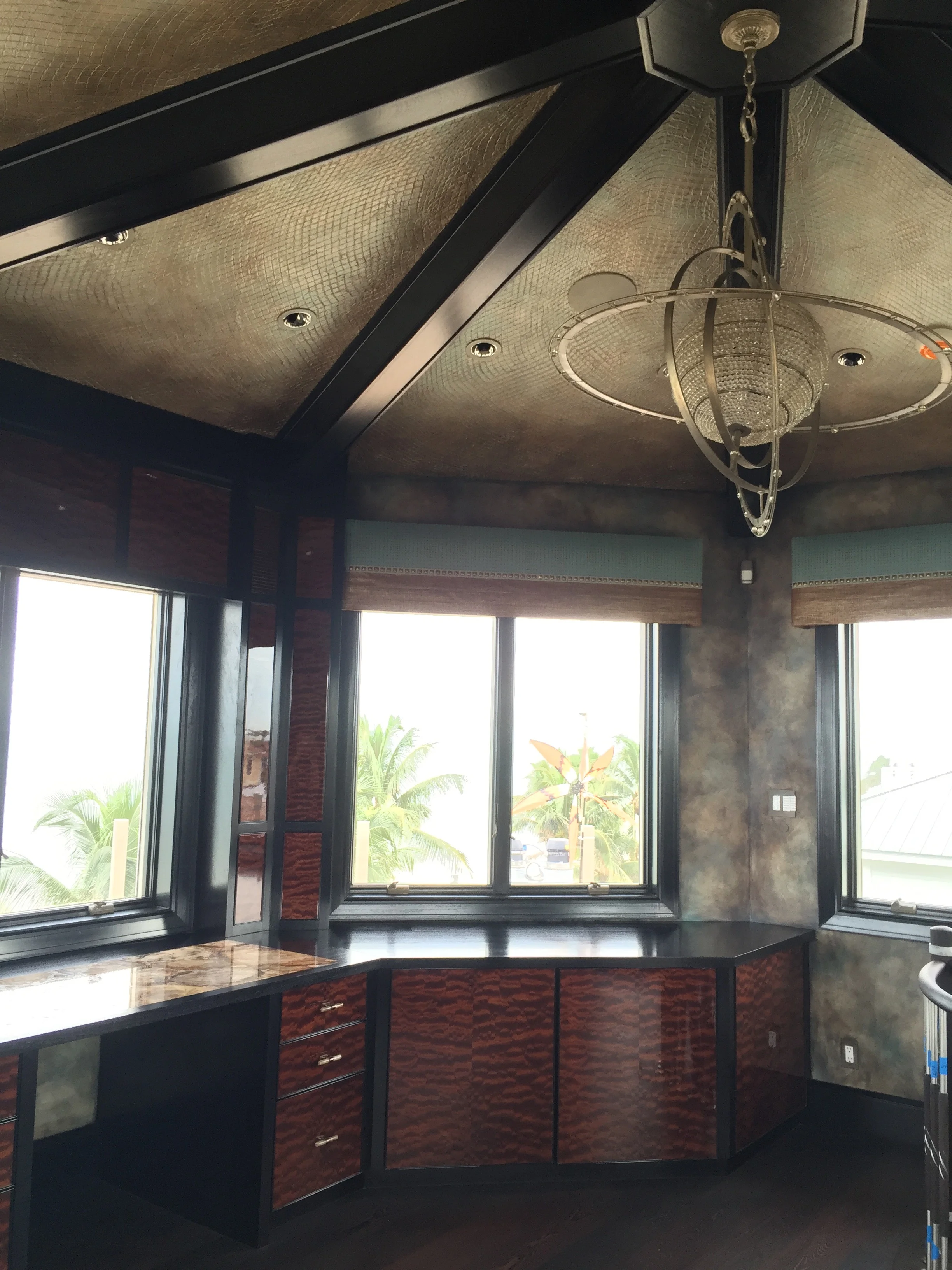 Iridescent Crocodile Ceiling Finish and Tri-Color Suede Walls