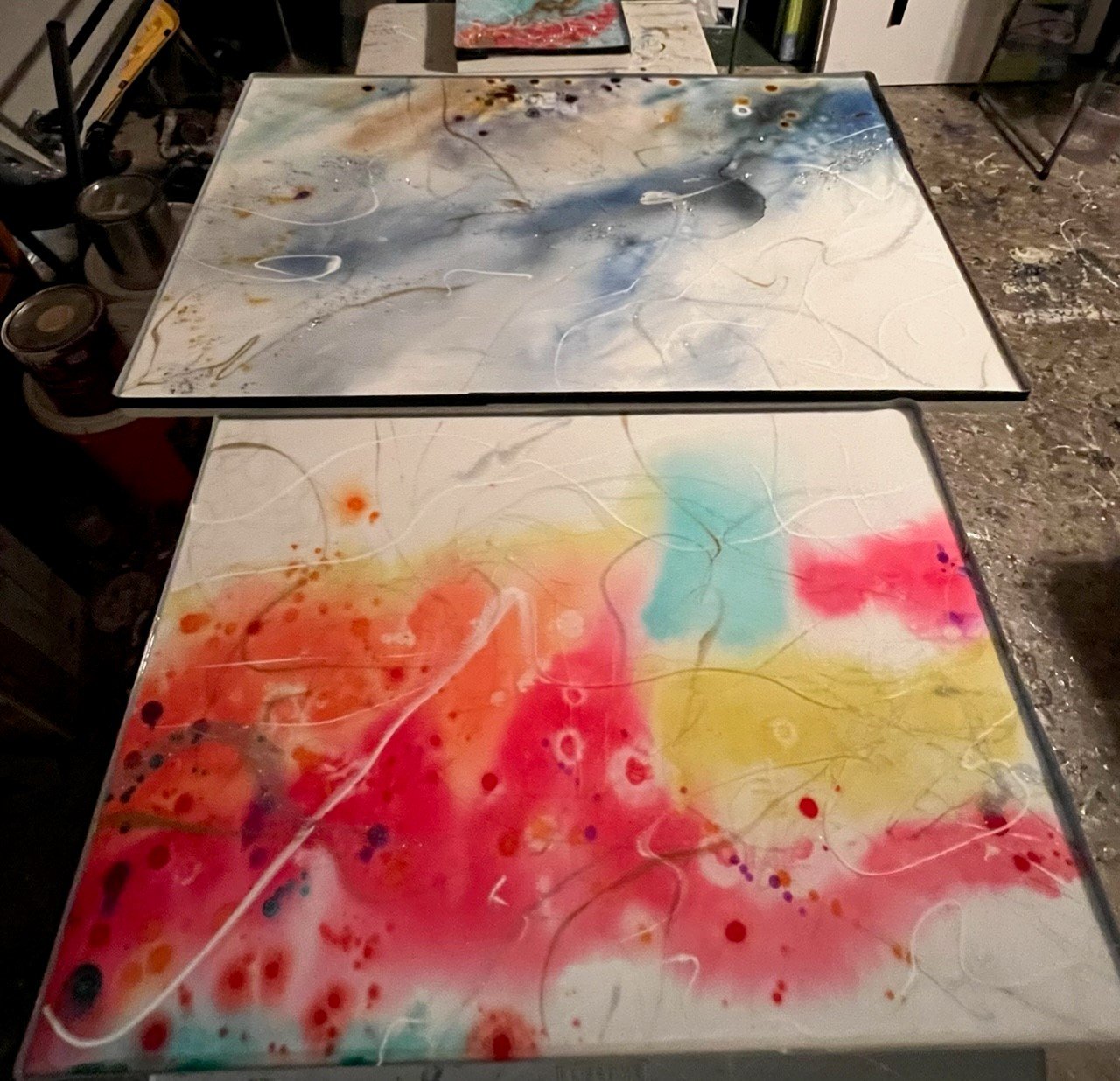turtle and dolphin abstract and with first layer of resin christine adele moore arts.jpg