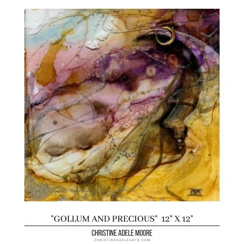 Do you see them within the layers? 
&quot;Gollum and Precious&quot;  12&quot; x 12&quot; 
www.christineadelearts.com
#christineadelearts #christineadelemoore #gollum #thehobbit #fineart