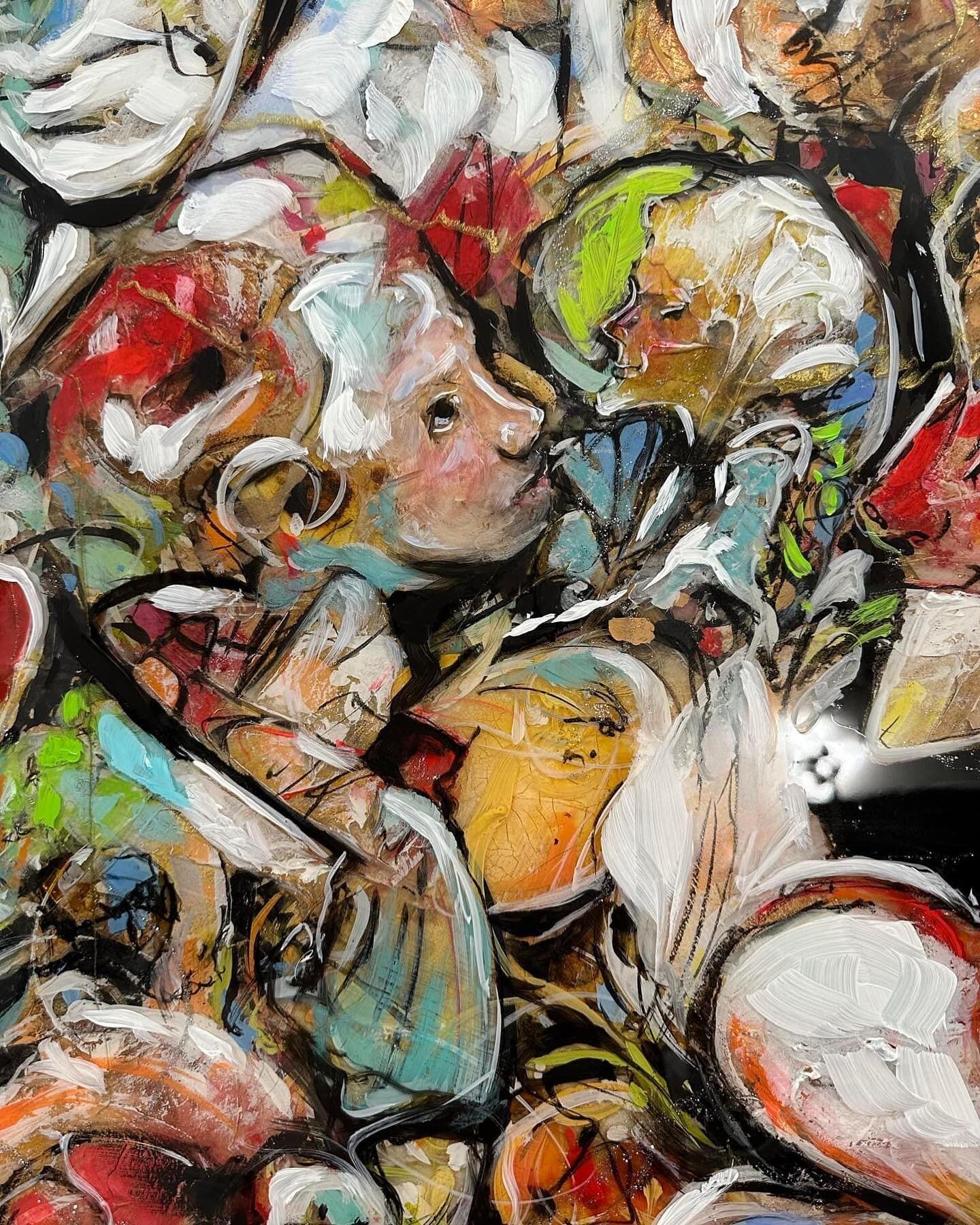 A detail image from a new painting in the works titled Postcards From My Vacation. Stay tuned for the full reveal of this big piece of art which, in its entirety, is 5 feet wide by 3 feet tall. Hoping to have it completed before my show this weekend 