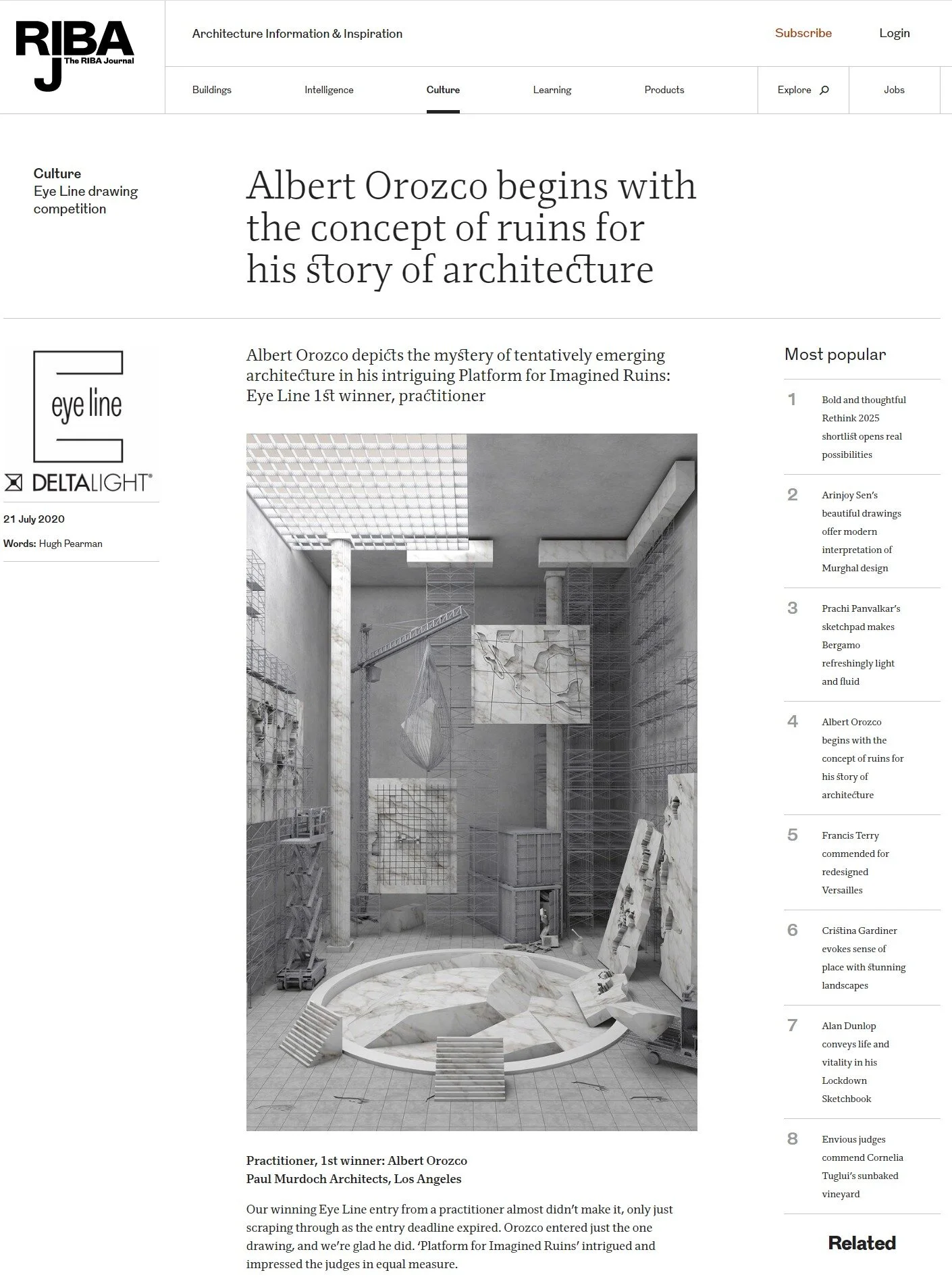 Eye Line Drawing Competition, 1st Place Winner    The Riba Journal, London, July 2020    Featured Project:    Platform for Imagined Ruins