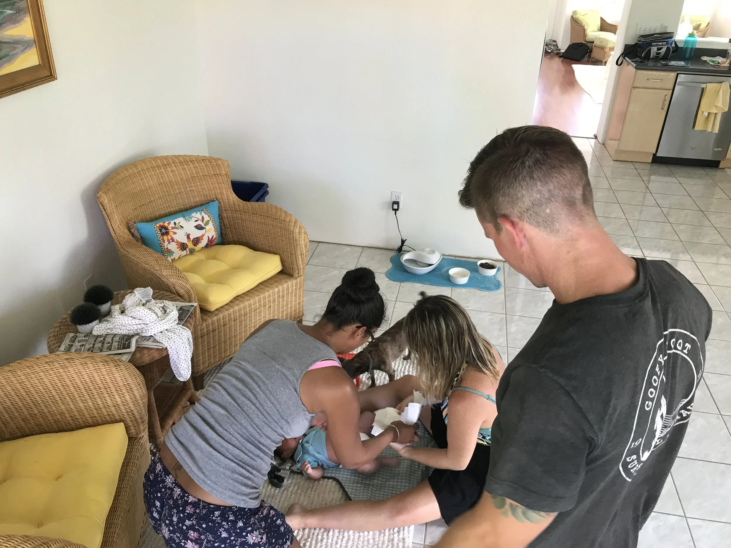 How many adults does it take to change a diaper? Three. And one dog.