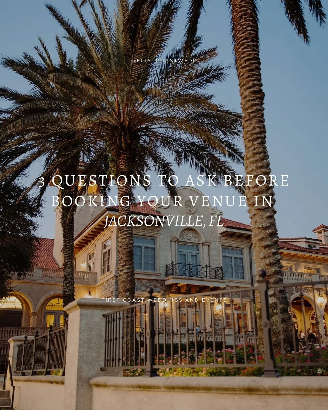 Engaged and looking at venues for your wedding?  Here are 3 questions to ask before booking your venue. 

Cover Photo: @28northphotography 

Jacksonville Wedding Planner, Jacksonville Wedding Venue, Florida Wedding Planner, Wedding Planner, Jacksonvi