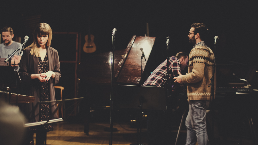 Start of rehearsals. Dísa, the newest member of Baggalútur setting up her keyboard and mic. 