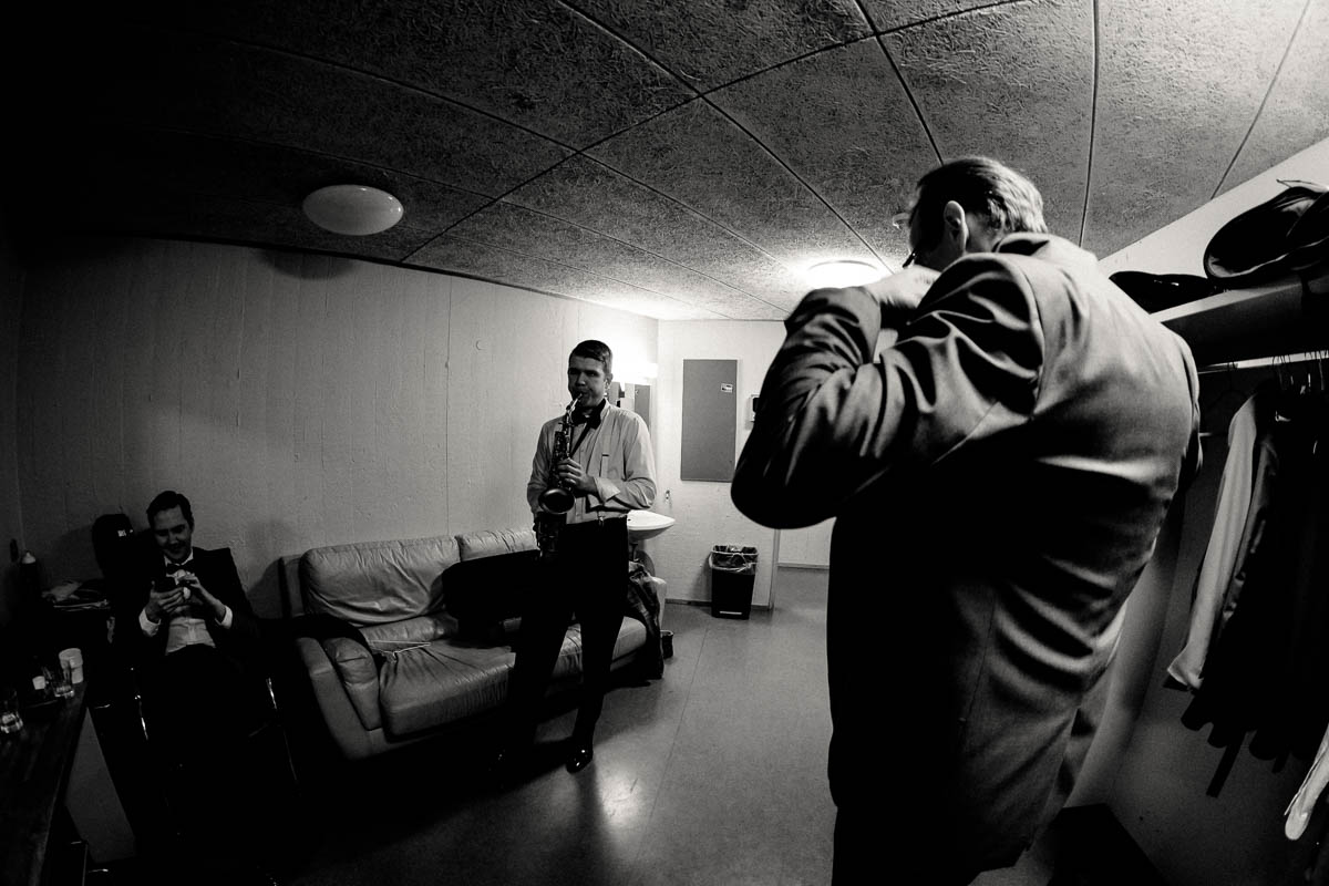 In the bandroom during intermission. 