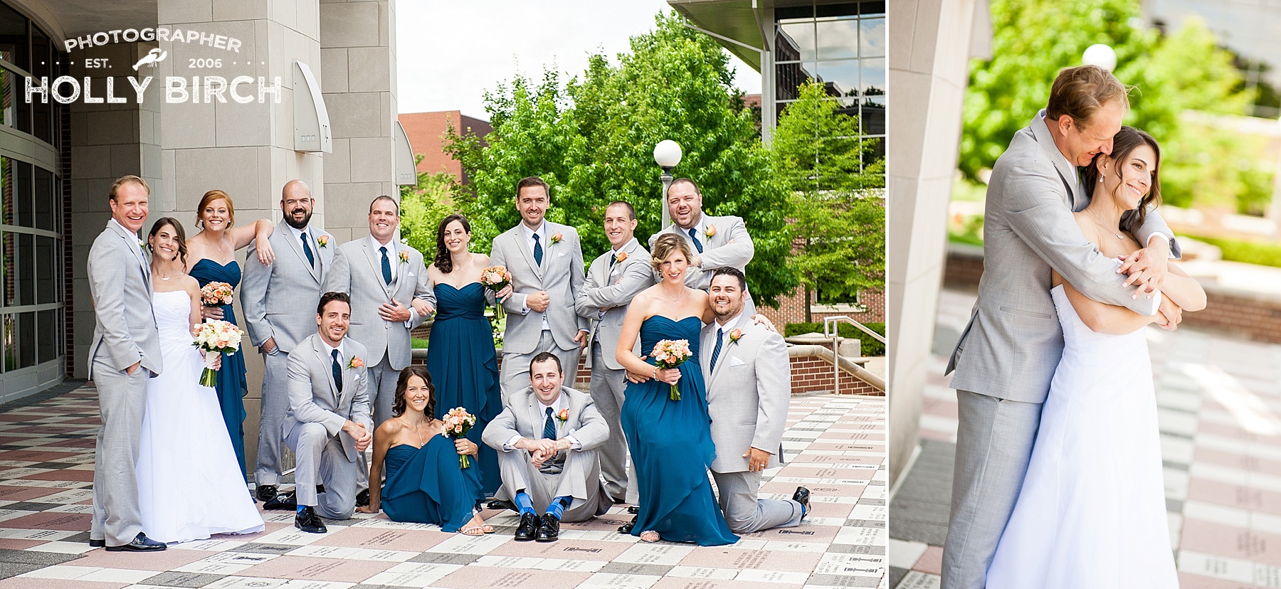 gray peacock blue wedding party on UI campus