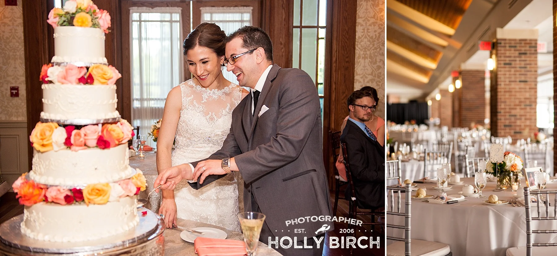 wedding reception venue and cake cutting