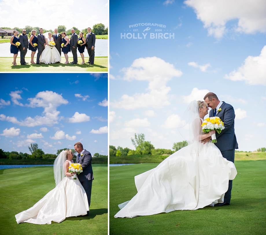 bride and groom on golf course with blue skies