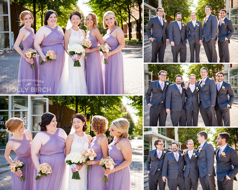 lavender bridesmaids and groomsmen in gray suits
