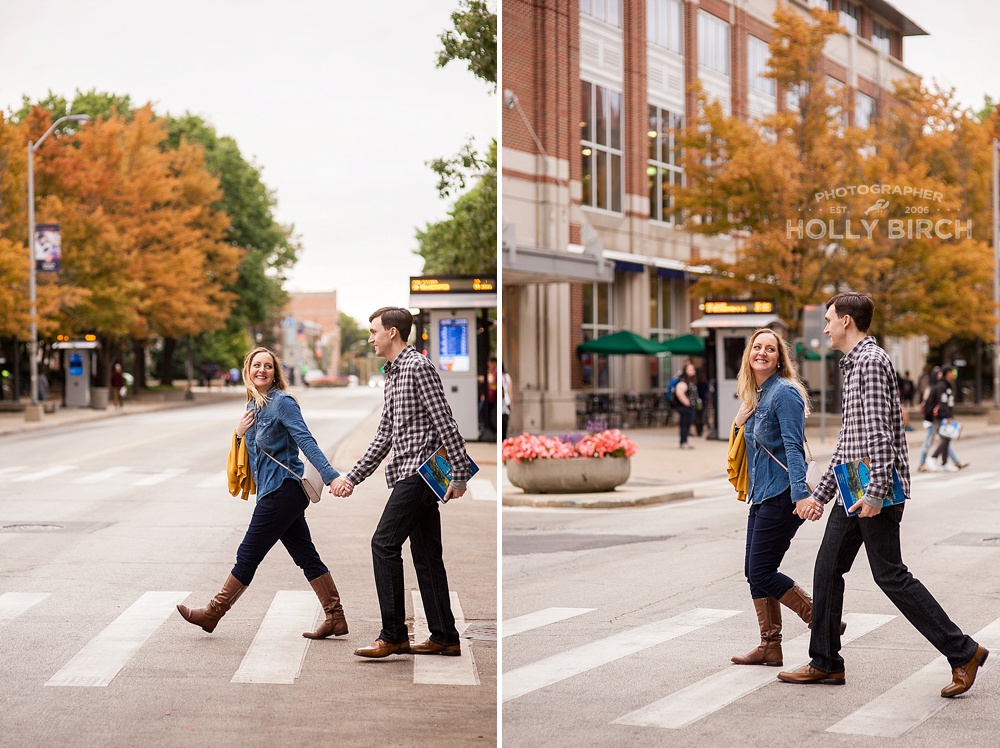 walking the crosswalk with fall campus colors
