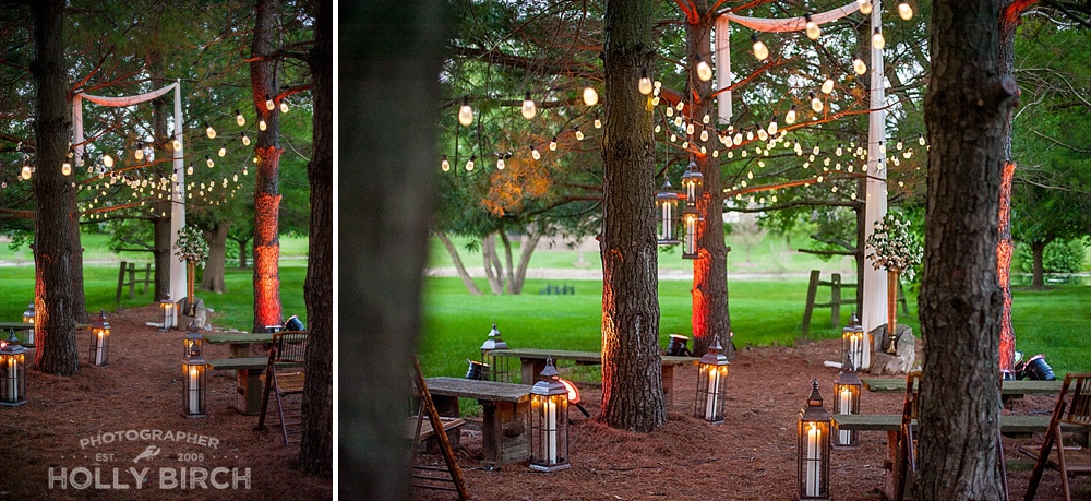 outdoor Austrian inspired wedding ceremony site with cafe bulbs and uplights