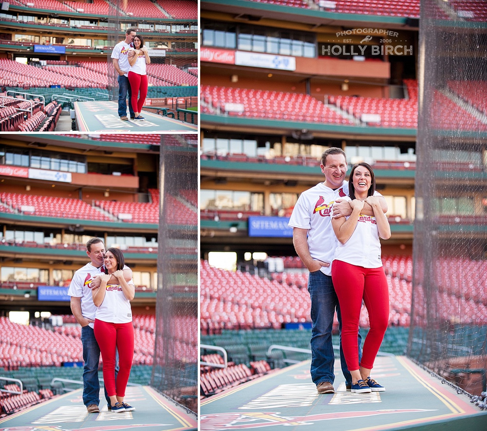 bride and groom-to-be standing on the dugout