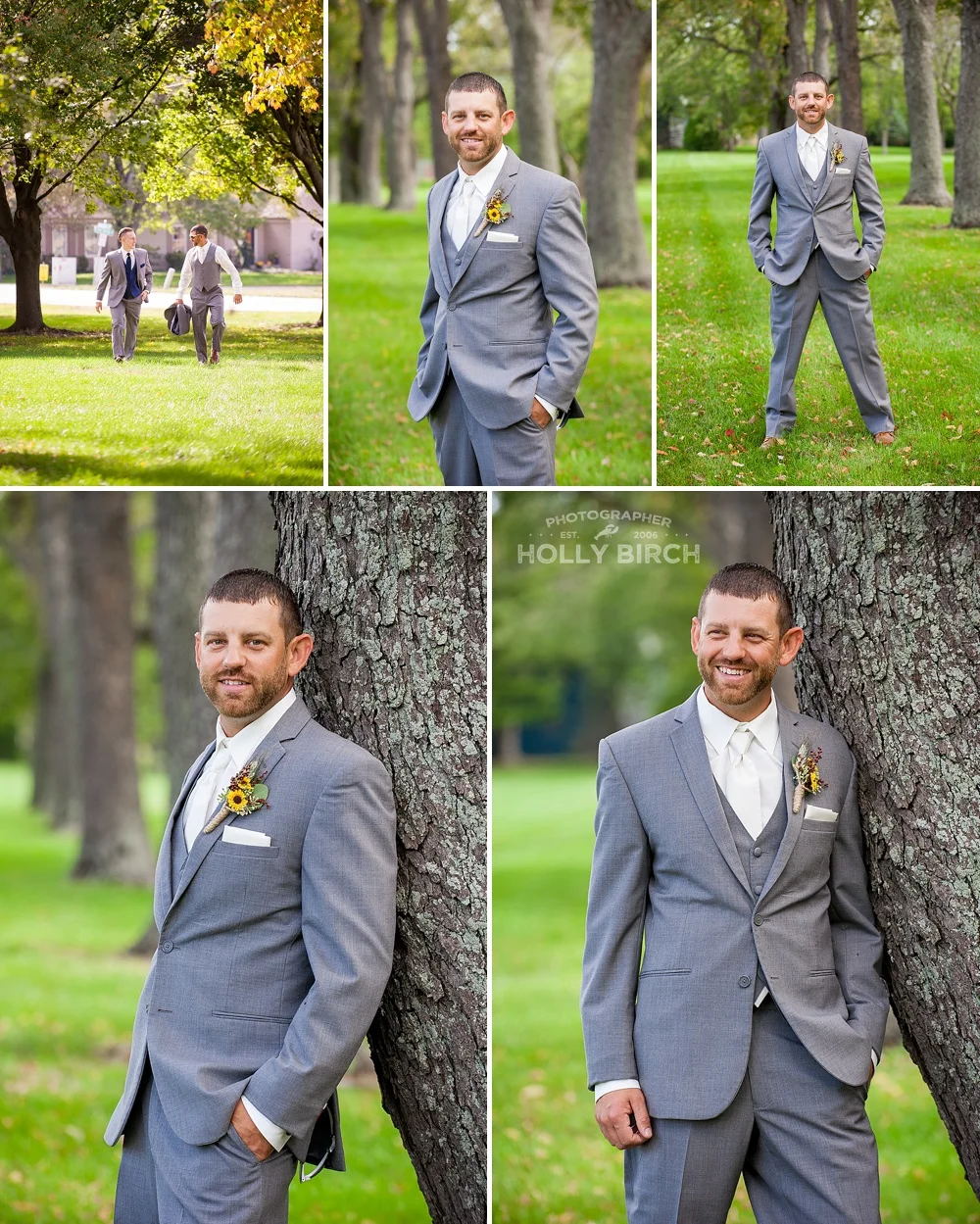 groom in gray suit from Michelle's Bridal