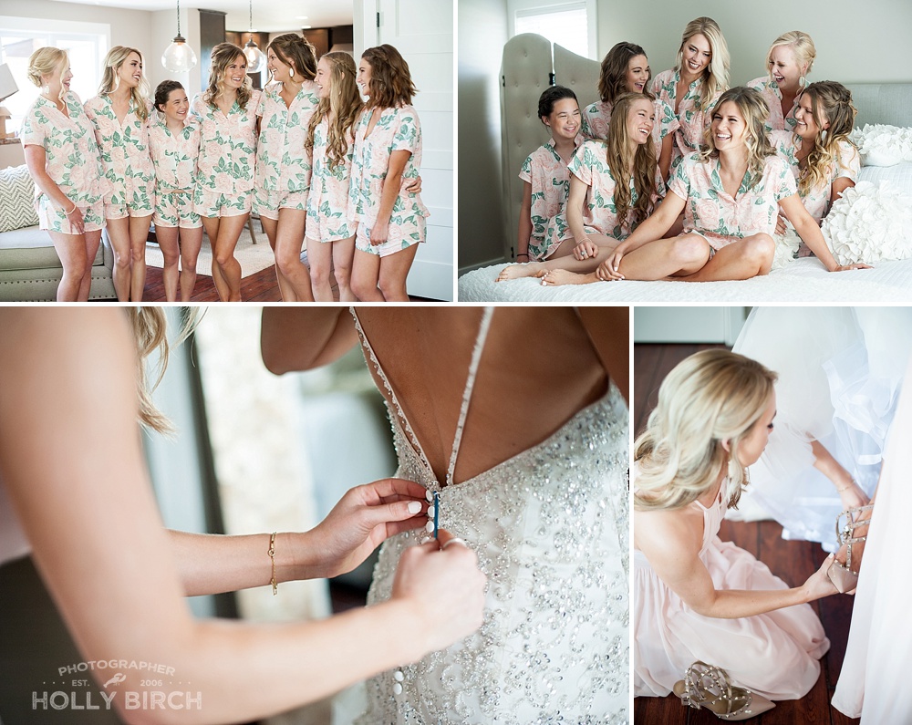 bridesmaids in matching floral pajamas
