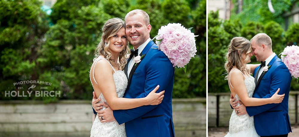 bride and groom portraits on city rooftop