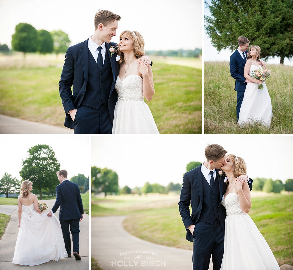 green fairway wedding portraits with curvy sidewalk