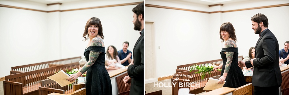 happy bride leaves the courtroom