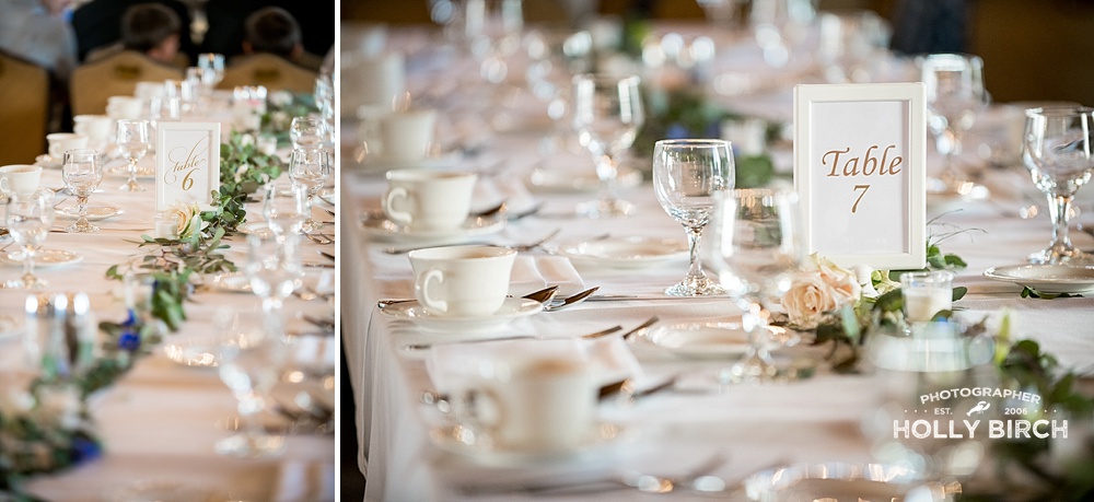 long banquet tables set up for wedding service