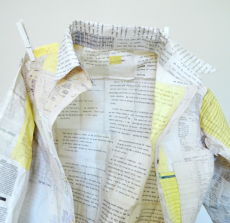  Garments are intricately sewn from saved receipts. Typed dreams from a personal journal impress on one side of the receipt paper so that after construction the diaristic text lines the interiors and the receipt data covers the exterior. 