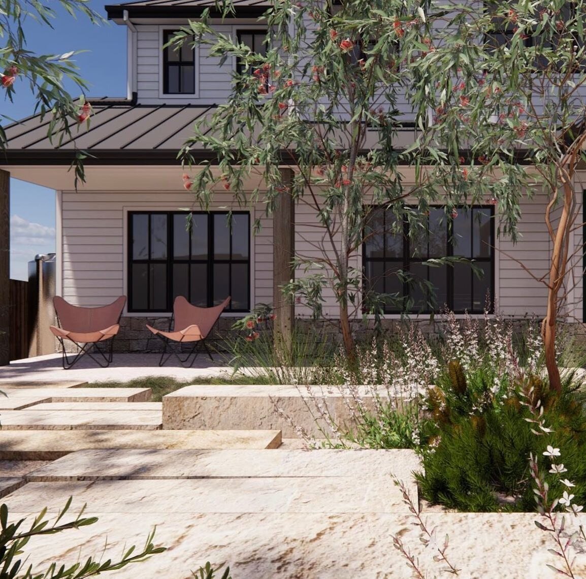 Front Garden concept at our custom 515m2 Spilt Level 2 Storey Home coming soon to Mulgoa&hellip; Watch this space for 2024 😍 🏡 🌳 ☀️ 
Landscaping @ paul.alexander.landscape 

▪️6Bedrooms &amp; 5Bathrooms
▪️Open Plan Family / Dining / Kitchen 
▪️Den