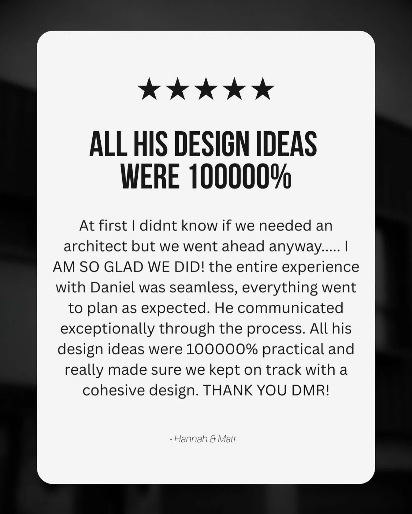 ⭐️⭐️⭐️⭐️⭐️
A huge thank-you to our amazing clients for this feedback! 🙌
&ldquo;At first, we weren&rsquo;t sure if we needed an architect &mdash; but we&rsquo;re so glad we did. Working with Daniel was seamless from start to finish. His communication