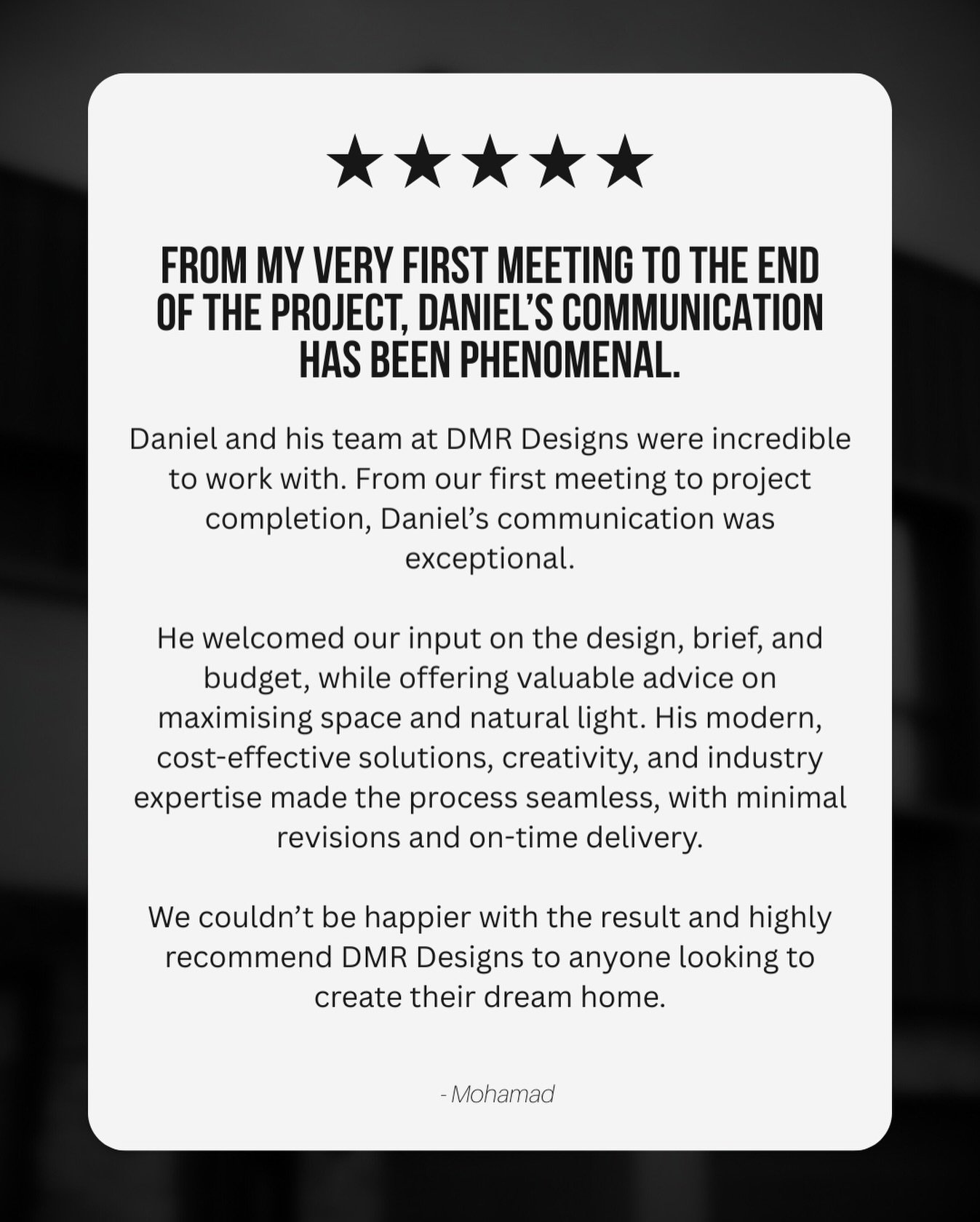 ⭐️⭐️⭐️⭐️⭐️ A huge thank-you to our amazing clients for this feedback! 🙌 
&ldquo;Working with Daniel from DMR Designs was an exceptional experience. His clear communication, attention to detail, and deep knowledge of the CDC process made the renovati